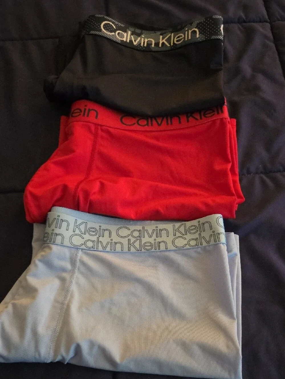 Calvin Klein Boxer Briefs Trio — Navy Blue, Red, Light Blue Dri-fit Material